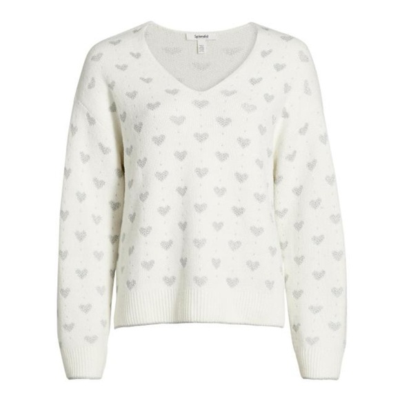 Splendid Sweaters - Splendid Cream V-Neck Sweater with Gray Heart Pattern